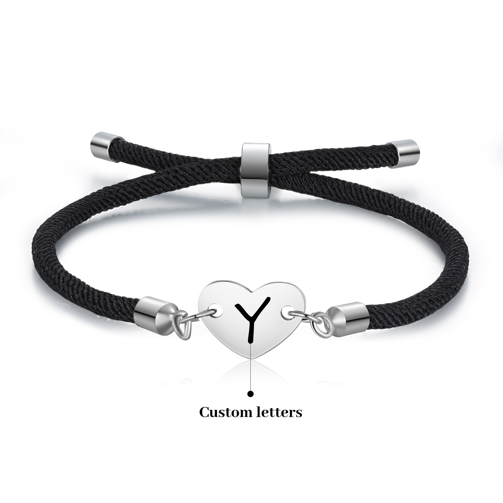 Personalisierter 1 Buchstaben Herz Armband mit Baumwollseil in Schwarz & Weiß & Rosa