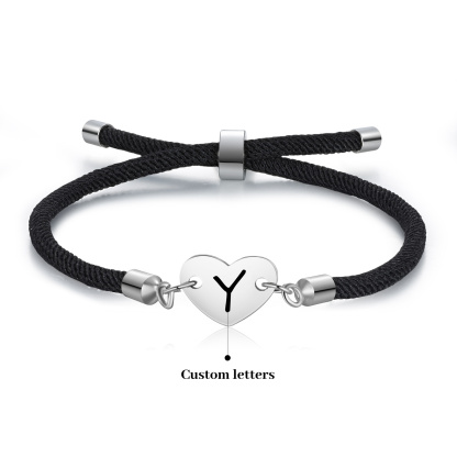 Personalisierter 1 Buchstaben Herz Armband mit Baumwollseil in Schwarz & Weiß & Rosa