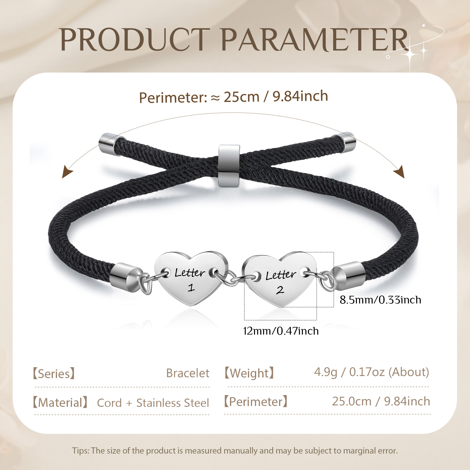 Personalisierte 2 Buchstaben Herz Armband mit Baumwollseil in Schwarz & Weiß & Rosa