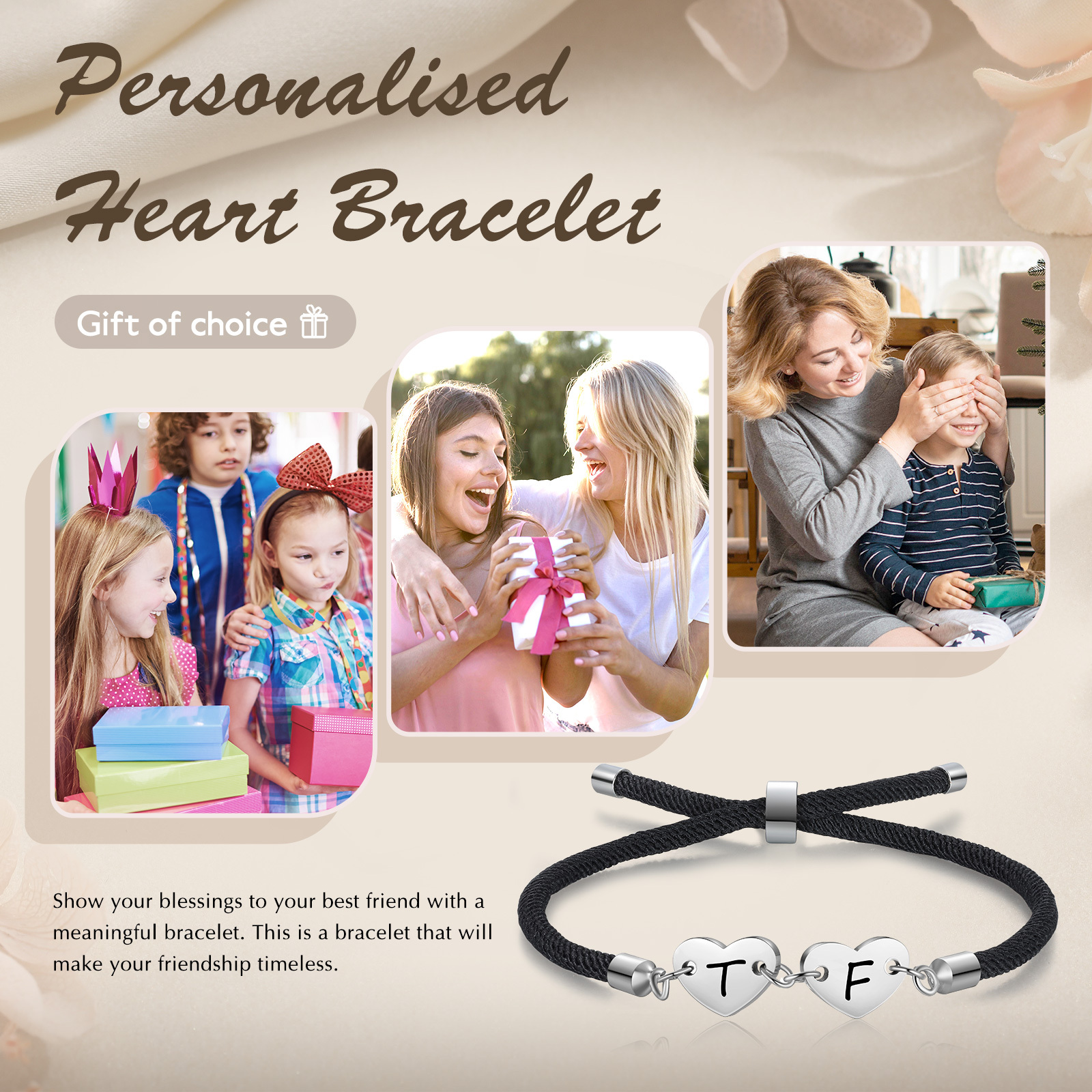 Personalisierte 2 Buchstaben Herz Armband mit Baumwollseil in Schwarz & Weiß & Rosa