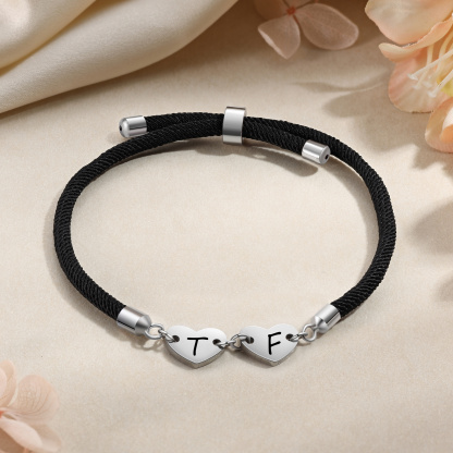 Personalisierte 2 Buchstaben Herz Armband mit Baumwollseil in Schwarz & Weiß & Rosa