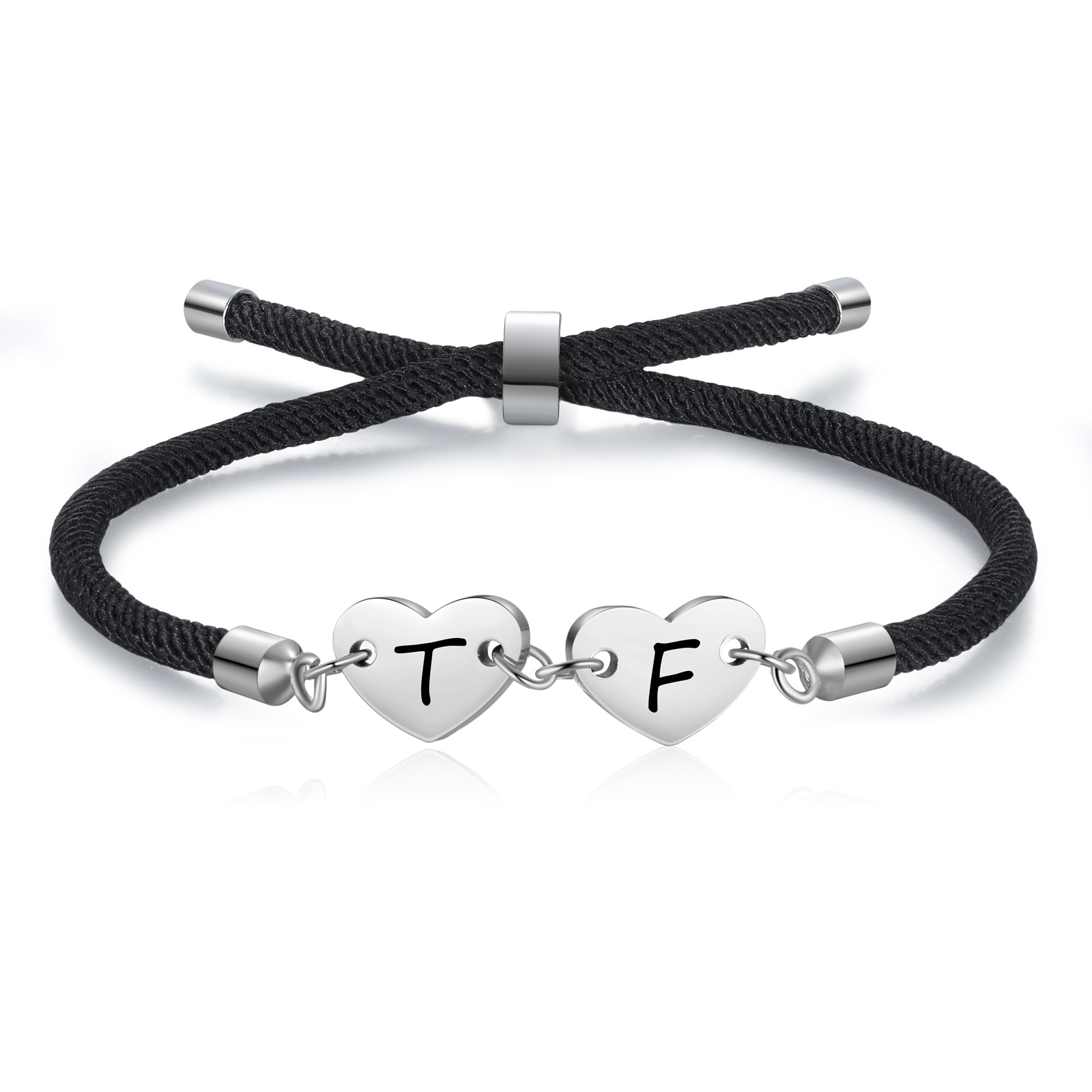 Personalisierte 2 Buchstaben Herz Armband mit Baumwollseil in Schwarz & Weiß & Rosa