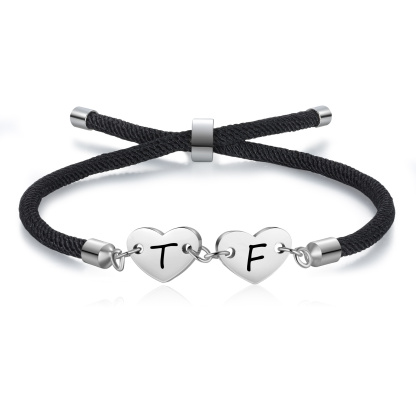 Personalisierte 2 Buchstaben Herz Armband mit Baumwollseil in Schwarz