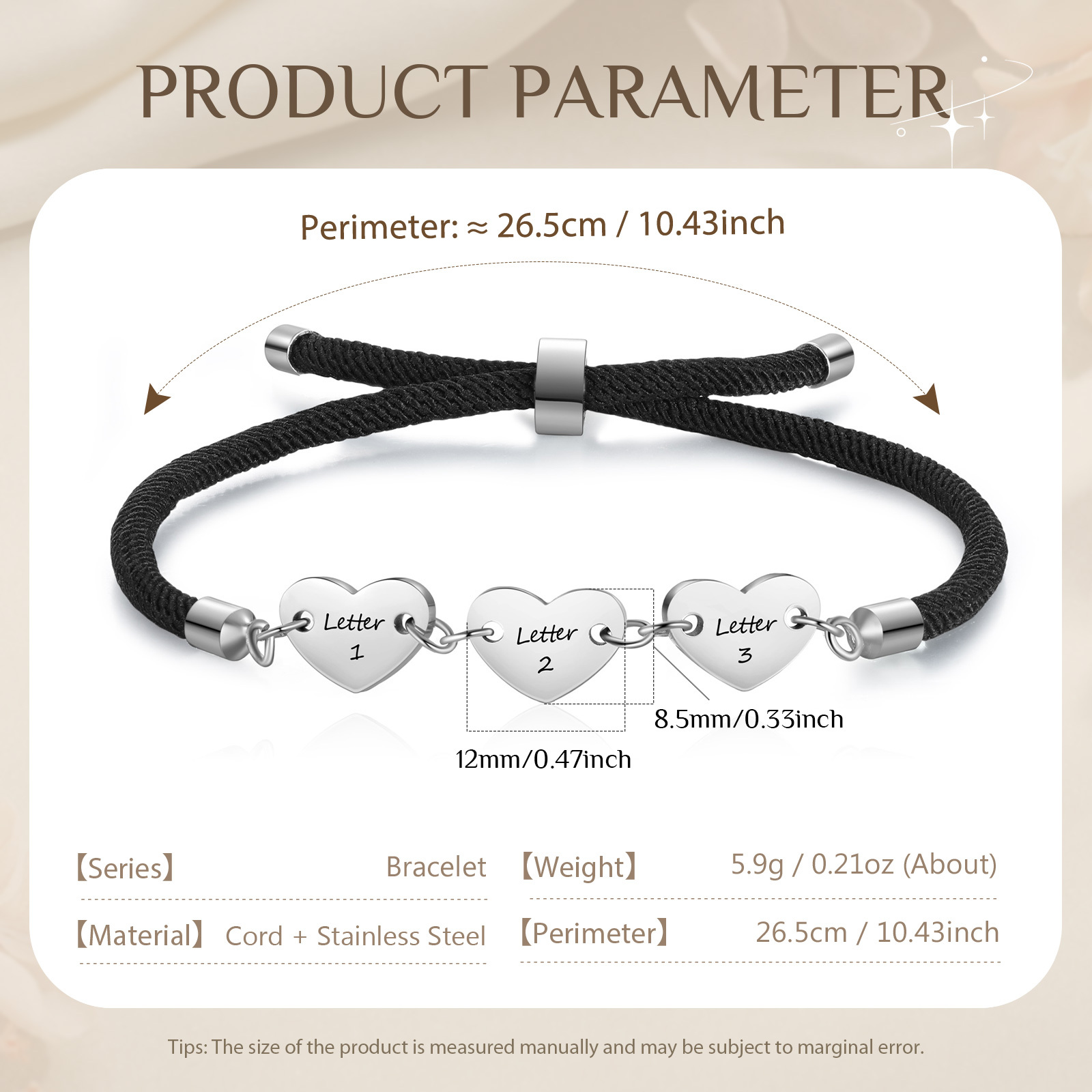 Personalisierte 3 Buchstaben Herz Armband mit Baumwollseil in Schwarz & Weiß & Rosa
