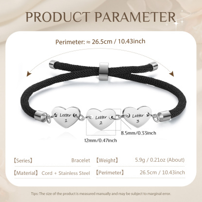 Personalisierte 3 Buchstaben Herz Armband mit Baumwollseil in Schwarz & Weiß & Rosa