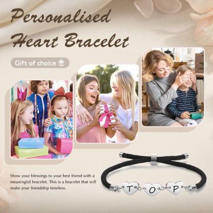 Personalisierte 3 Buchstaben Herz Armband mit Baumwollseil in Schwarz & Weiß & Rosa