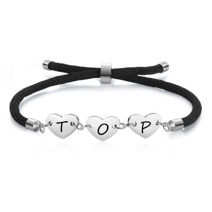 Personalisierte 3 Buchstaben Herz Armband mit Baumwollseil in Schwarz