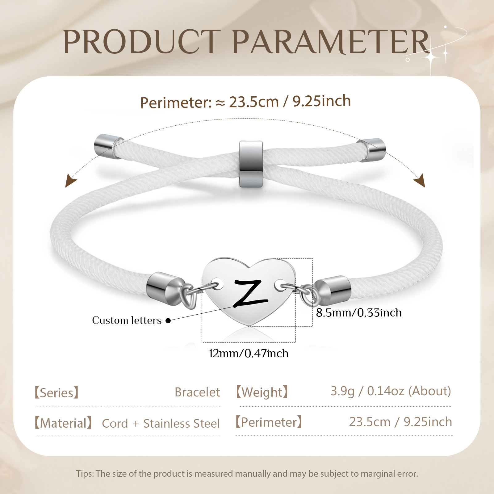 Personalisierter 1 Buchstaben Herz Armband mit Baumwollseil in Schwarz & Weiß & Rosa