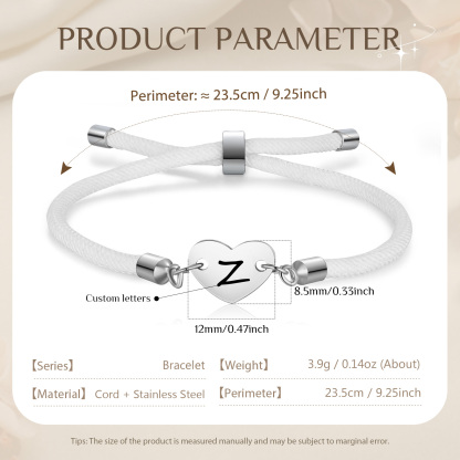 Personalisierter 1 Buchstaben Herz Armband mit Baumwollseil in Schwarz & Weiß & Rosa