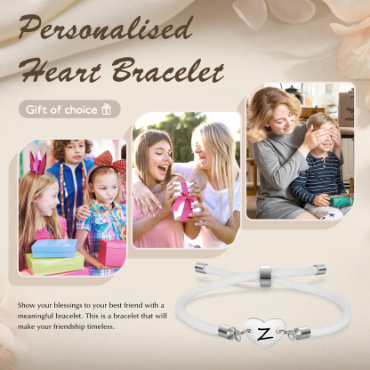 Personalisierter 1 Buchstaben Herz Armband mit Baumwollseil in Schwarz & Weiß & Rosa