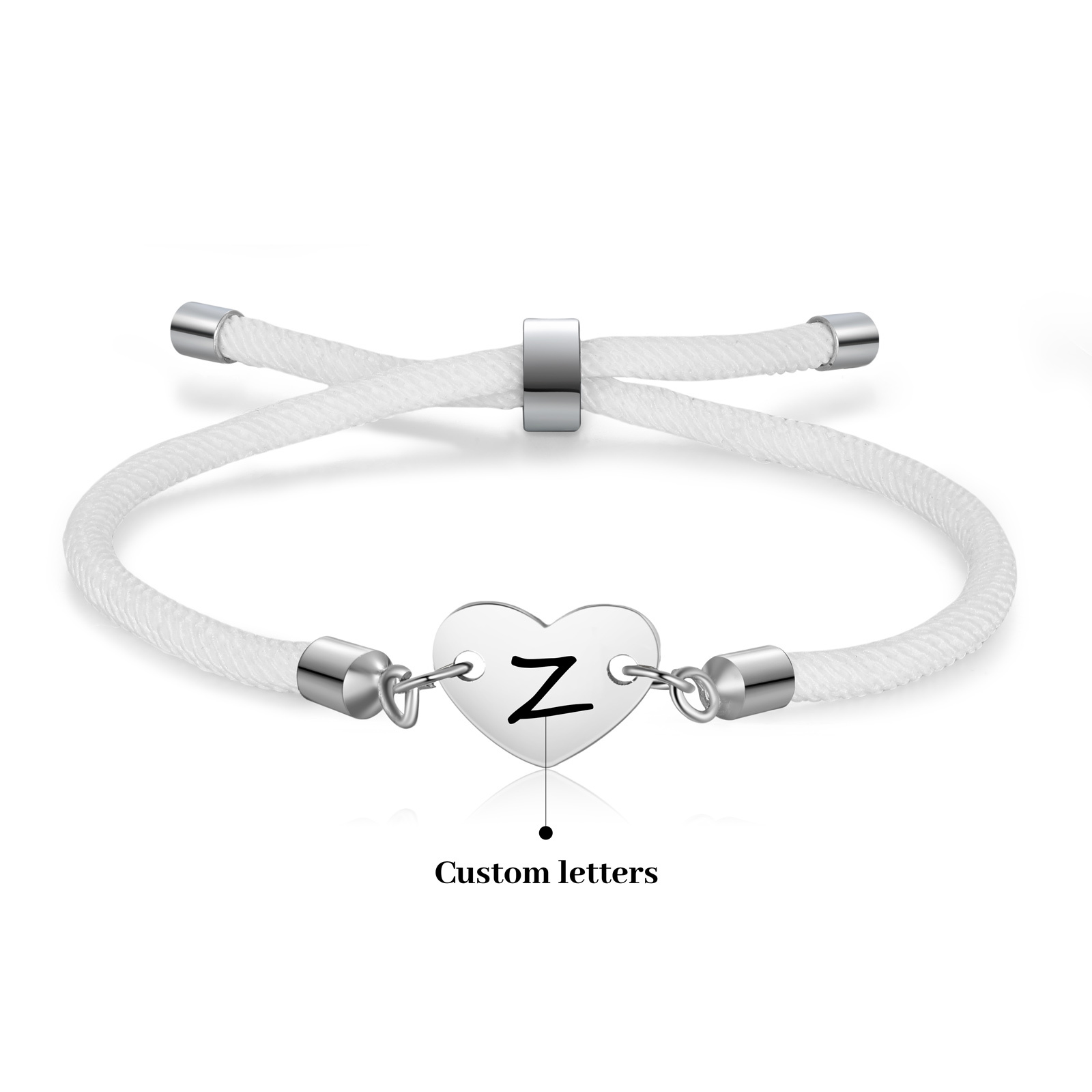 Personalisierter 1 Buchstaben Herz Armband mit Baumwollseil in Schwarz & Weiß & Rosa