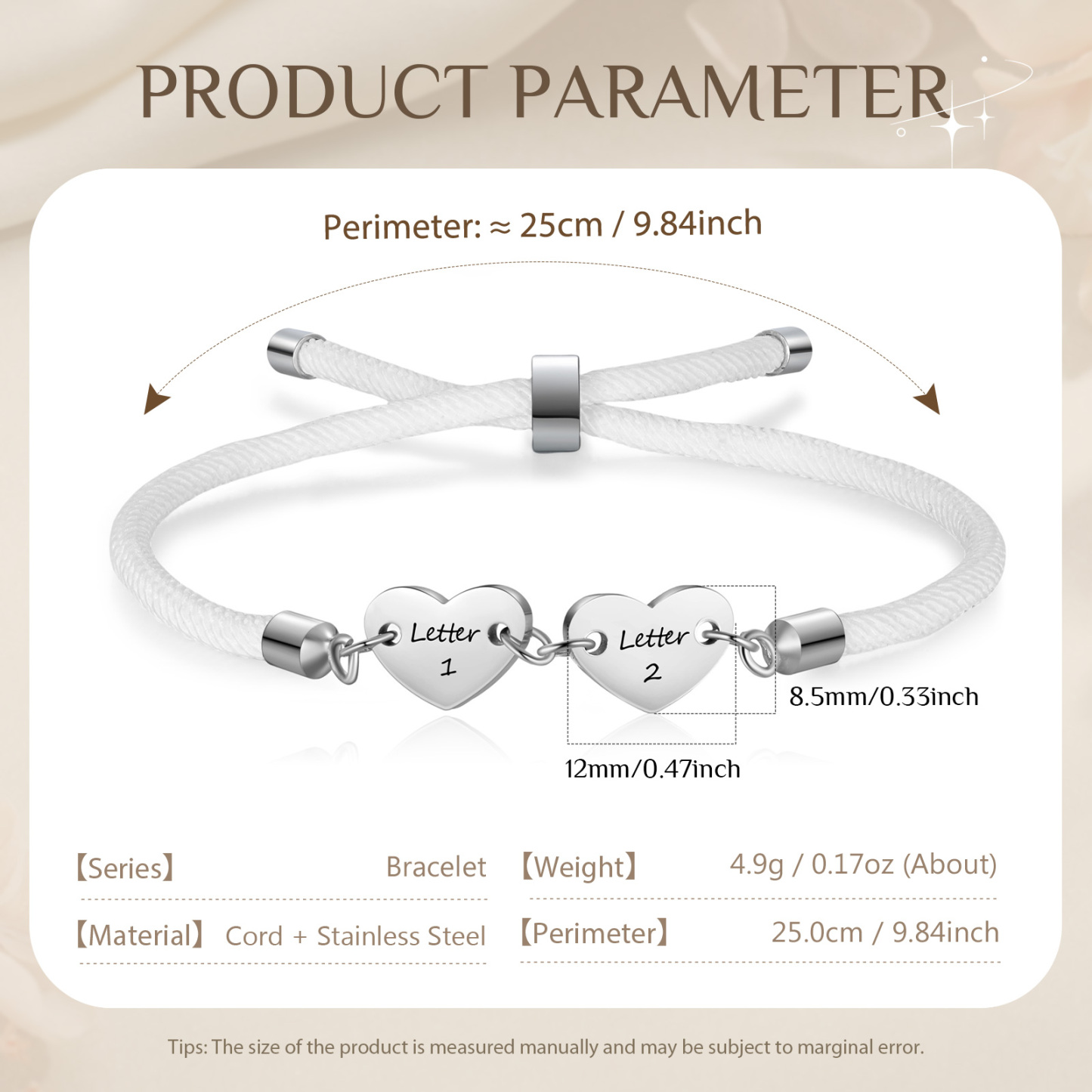 Personalisierte 2 Buchstaben Herz Armband mit Baumwollseil in Schwarz & Weiß & Rosa