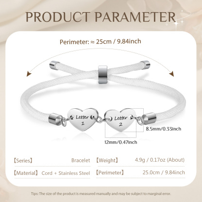 Personalisierte 2 Buchstaben Herz Armband mit Baumwollseil in Schwarz & Weiß & Rosa