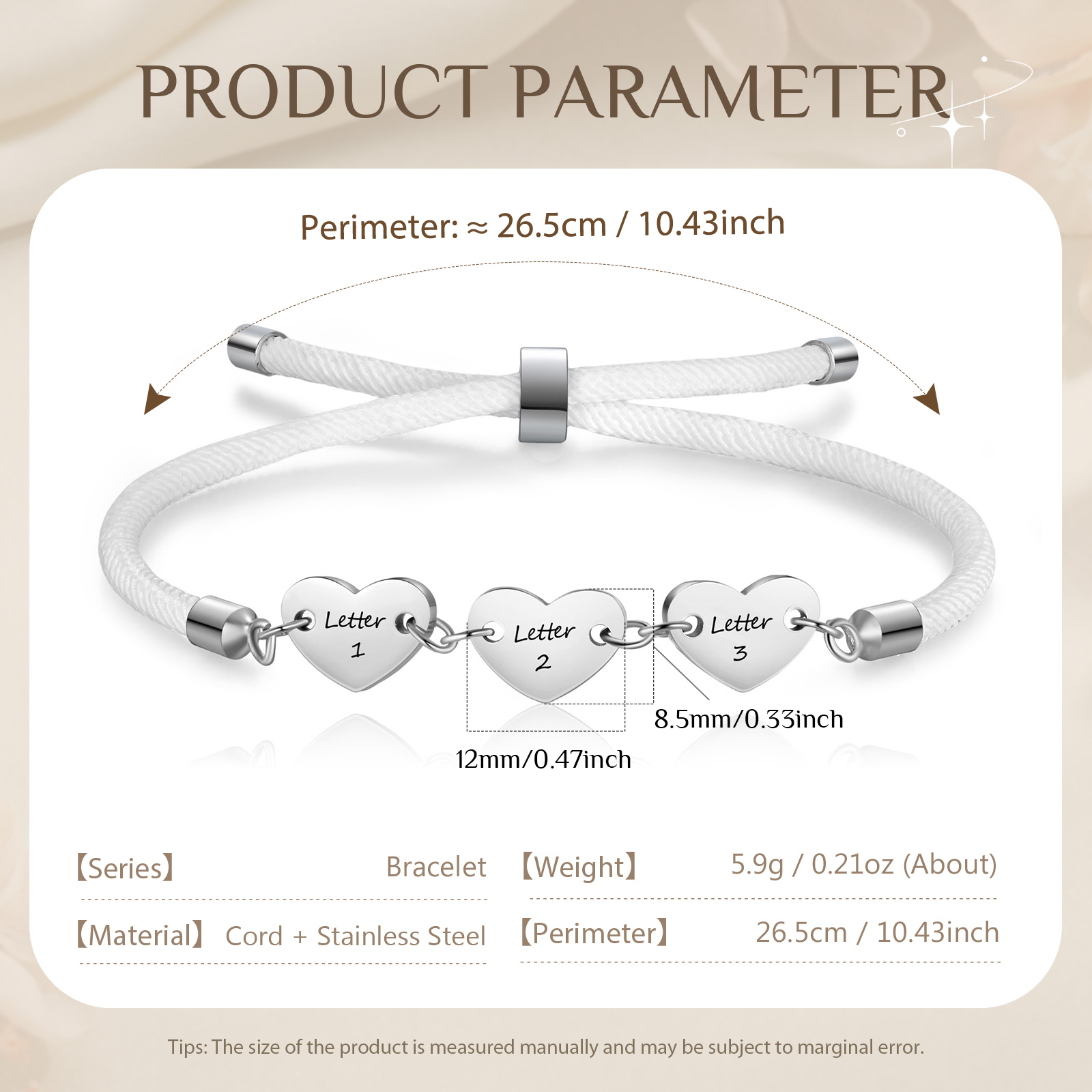 Personalisierte 3 Buchstaben Herz Armband mit Baumwollseil in Schwarz & Weiß & Rosa