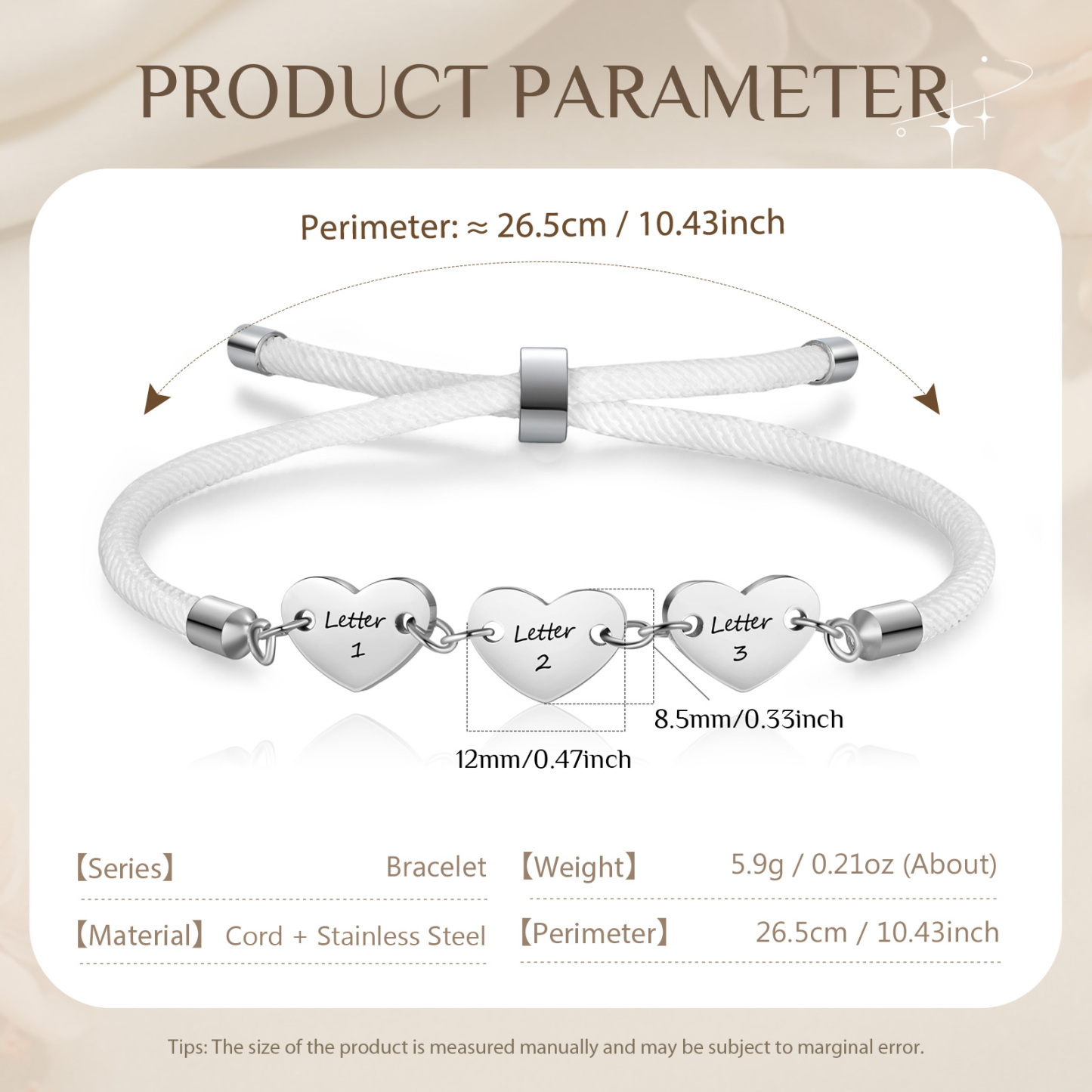 Personalisierte 3 Buchstaben Herz Armband mit Baumwollseil in Schwarz & Weiß & Rosa