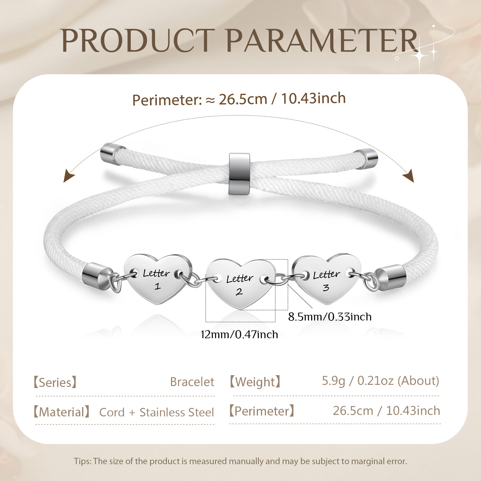 Personalisierte 3 Buchstaben Herz Armband mit Baumwollseil in Schwarz & Weiß & Rosa