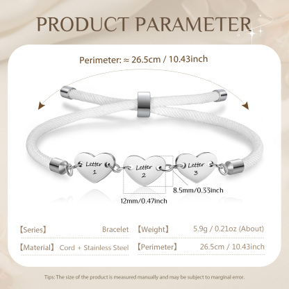 Personalisierte 3 Buchstaben Herz Armband mit Baumwollseil in Schwarz & Weiß & Rosa