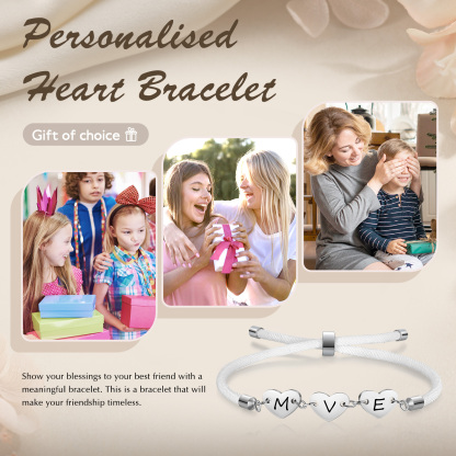 Personalisierte 3 Buchstaben Herz Armband mit Baumwollseil in Schwarz & Weiß & Rosa