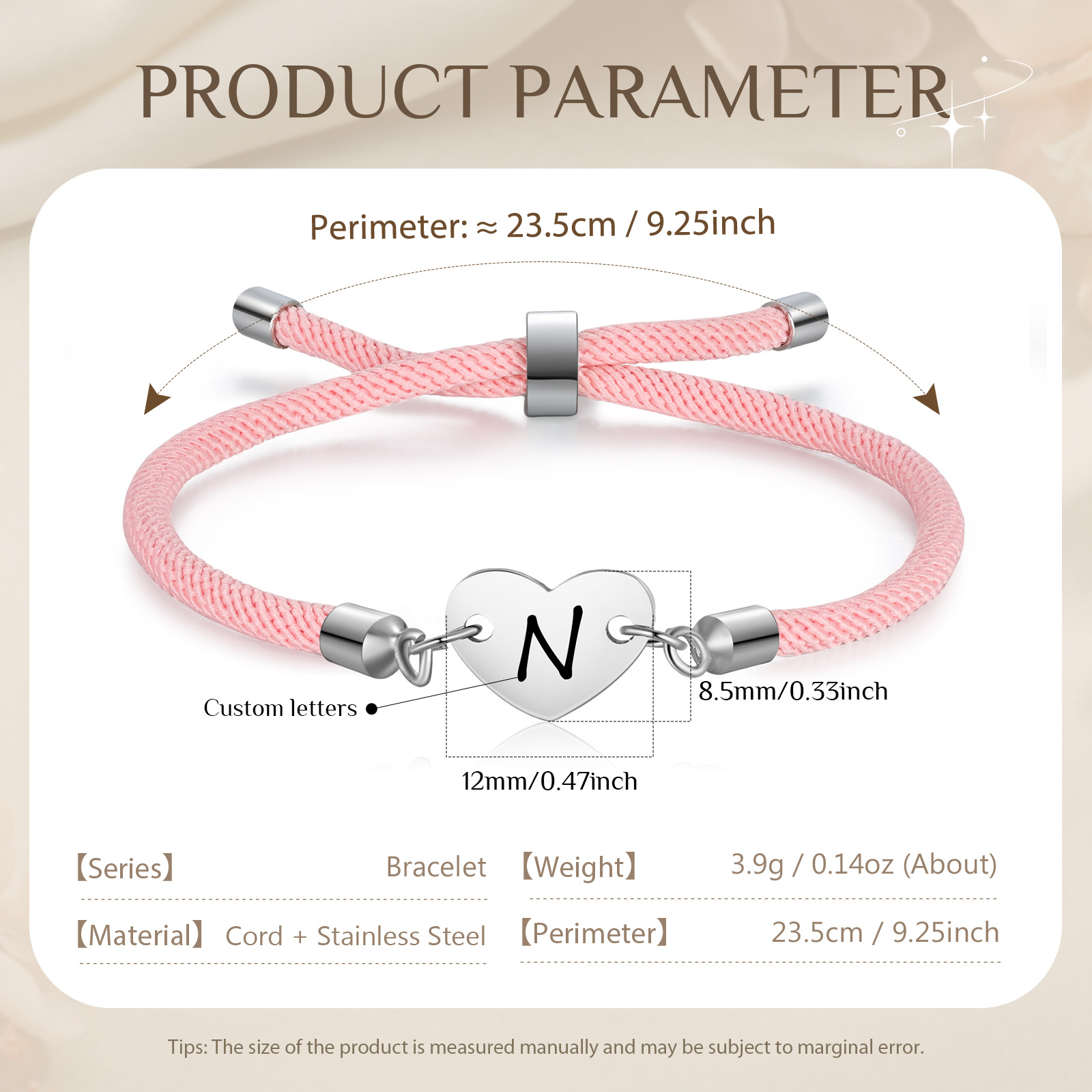 Personalisierter 1 Buchstaben Herz Armband mit Baumwollseil in Schwarz & Weiß & Rosa