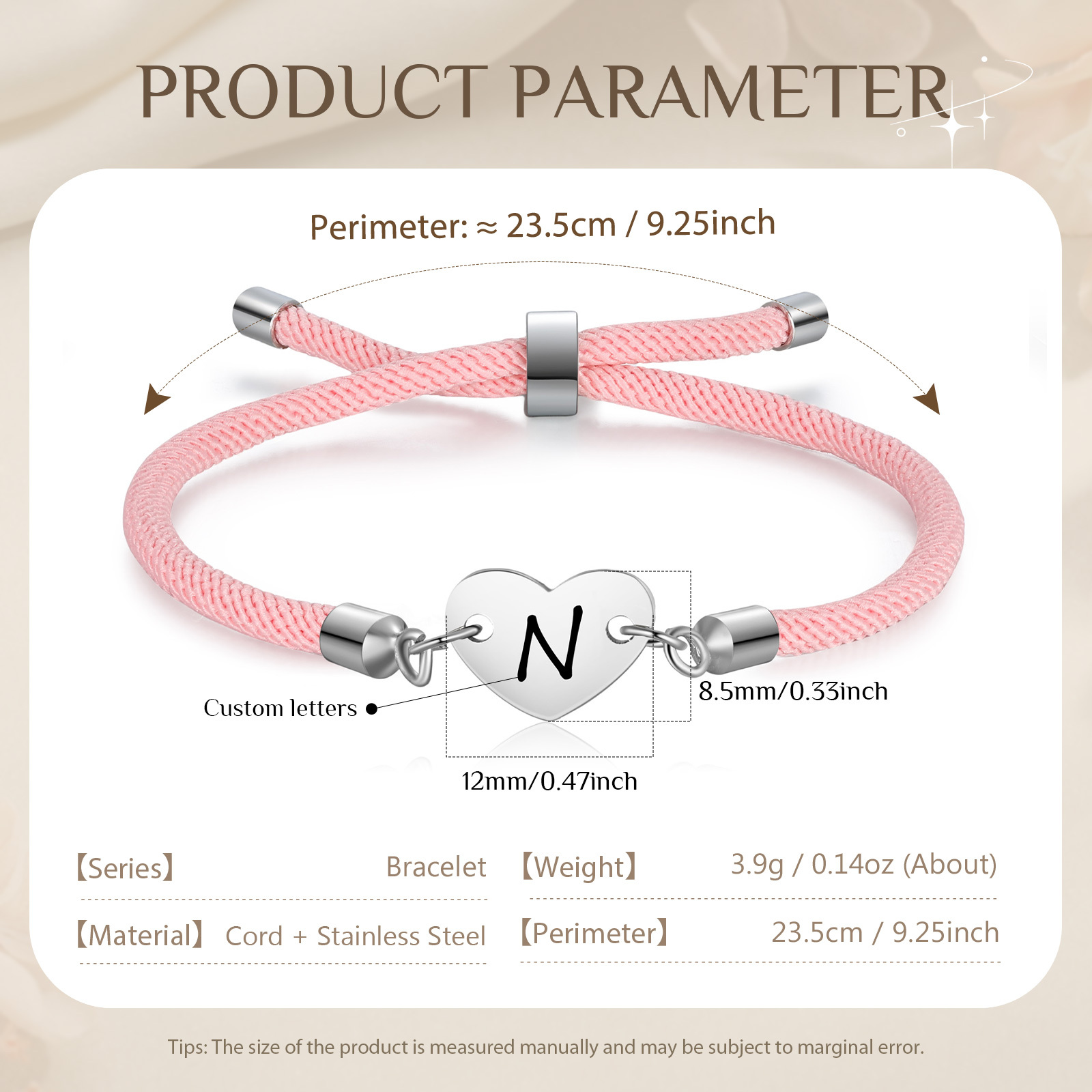 Personalisierter 1 Buchstaben Herz Armband mit Baumwollseil in Schwarz & Weiß & Rosa