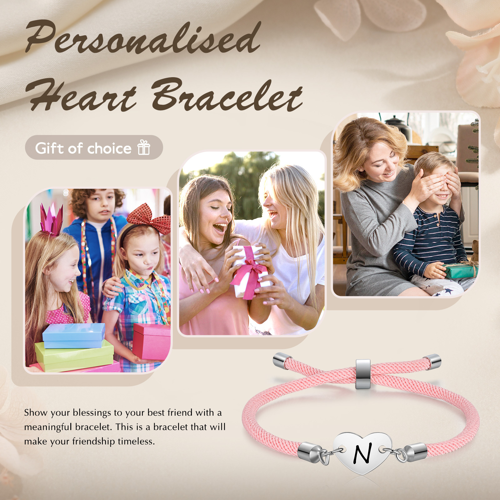 Personalisierter 1 Buchstaben Herz Armband mit Baumwollseil in Schwarz & Weiß & Rosa