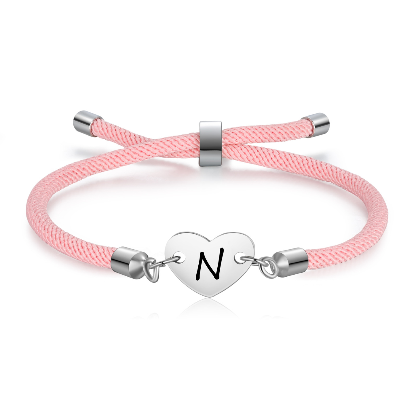 Personalisierter 1 Buchstaben Herz Armband mit Baumwollseil in Schwarz & Weiß & Rosa