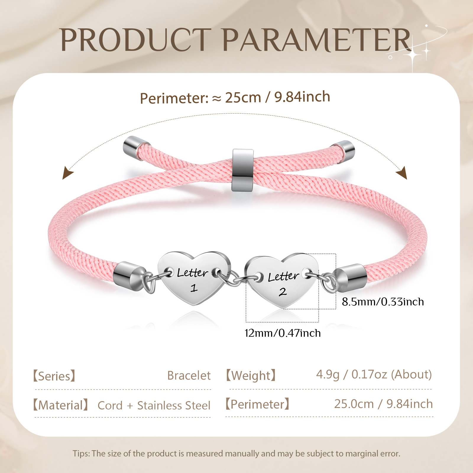 Personalisierte 2 Buchstaben Herz Armband mit Baumwollseil in Schwarz & Weiß & Rosa