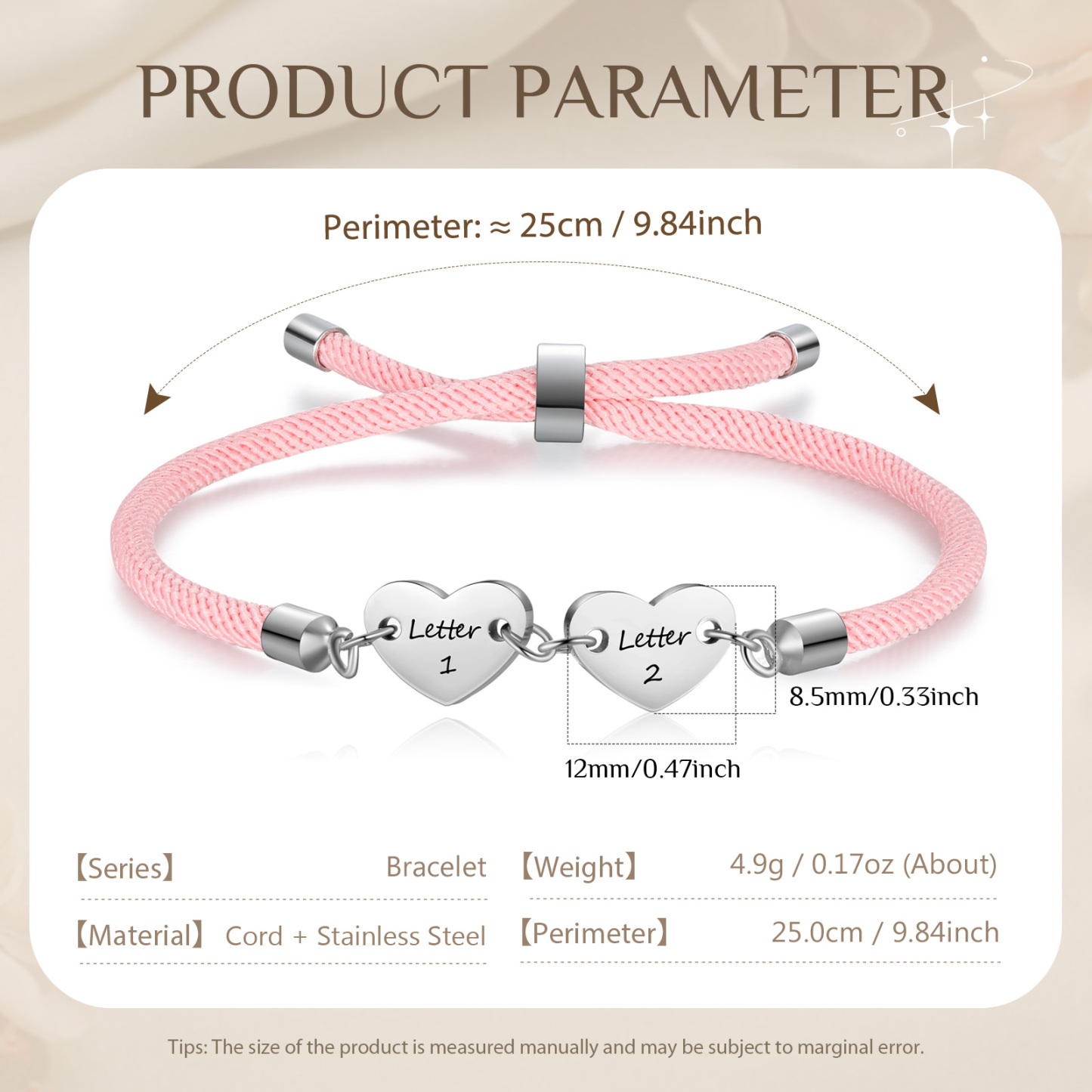 Personalisierte 2 Buchstaben Herz Armband mit Baumwollseil in Schwarz & Weiß & Rosa