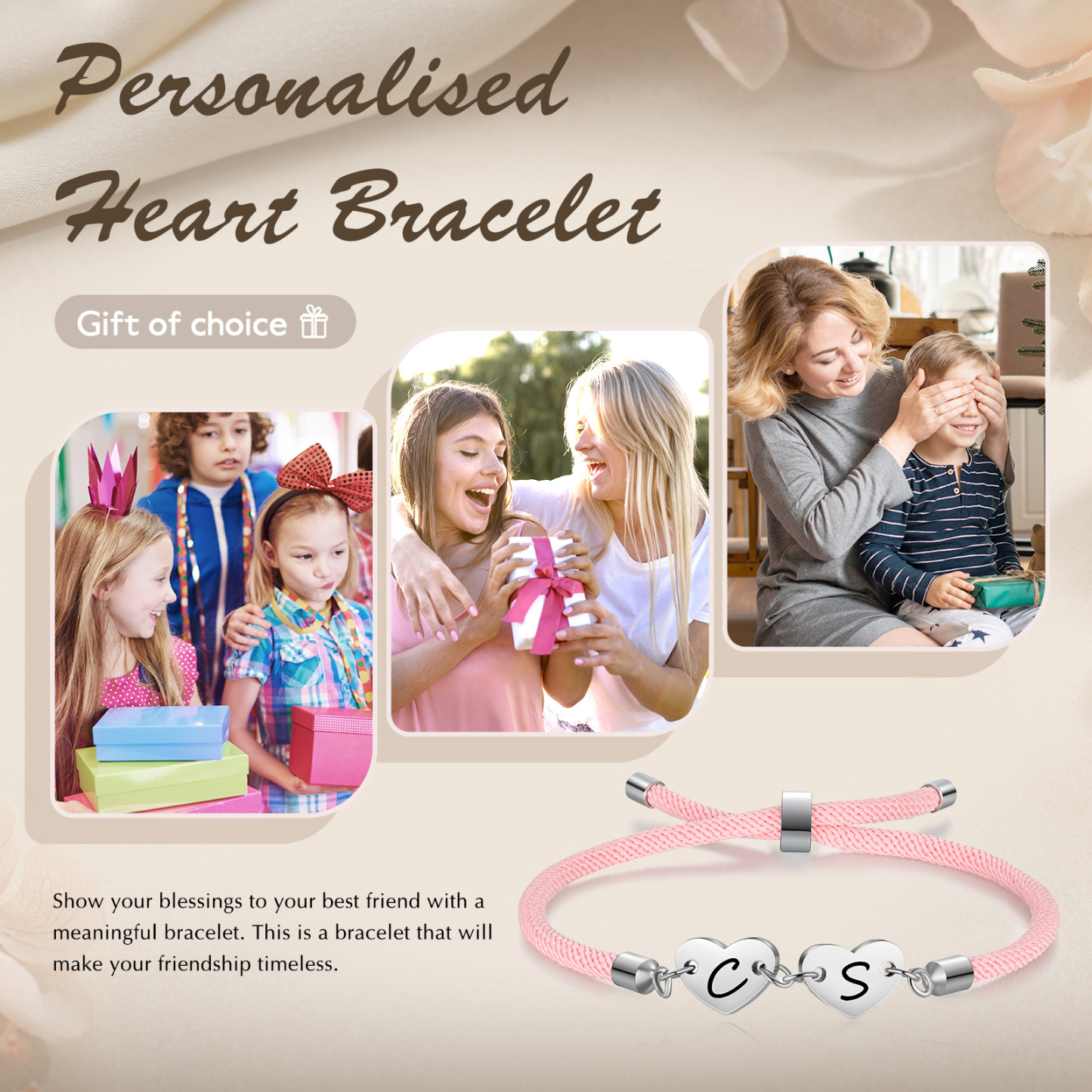 Personalisierte 2 Buchstaben Herz Armband mit Baumwollseil in Schwarz & Weiß & Rosa