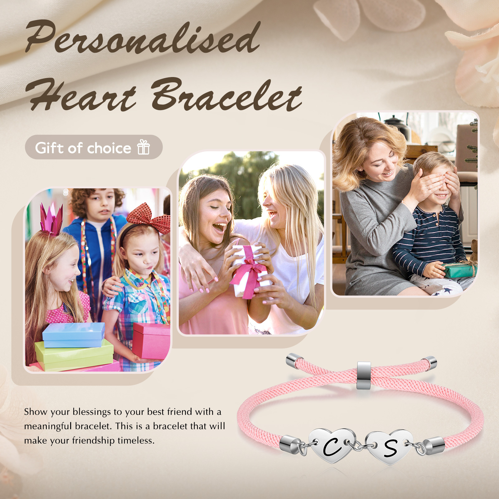 Personalisierte 2 Buchstaben Herz Armband mit Baumwollseil in Schwarz & Weiß & Rosa