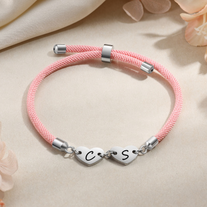 Personalisierte 2 Buchstaben Herz Armband mit Baumwollseil in Schwarz & Weiß & Rosa