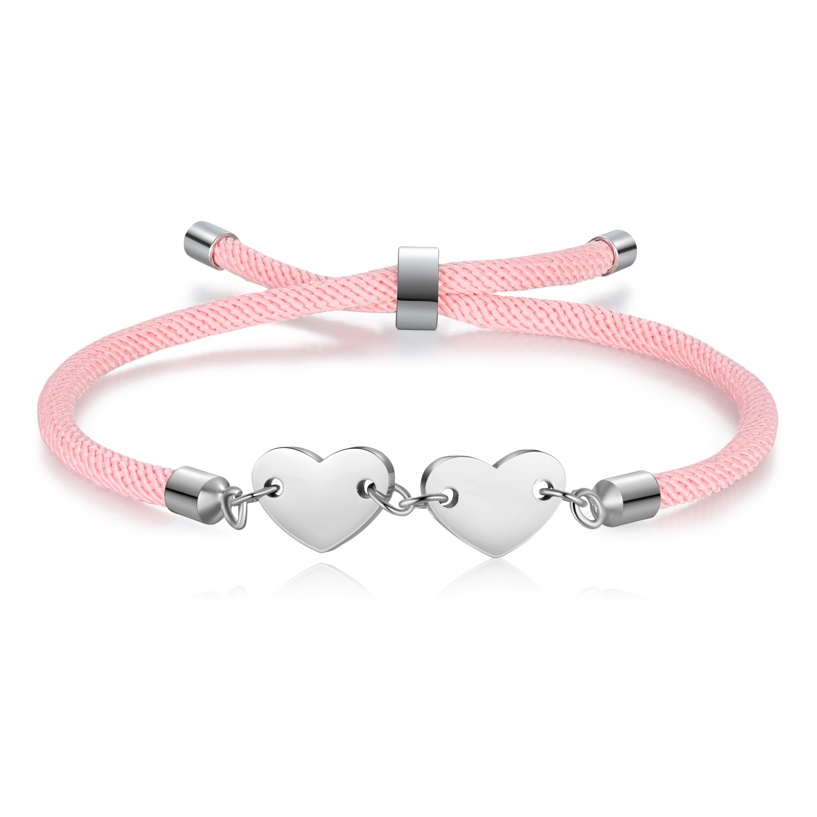 Personalisierte 2 Buchstaben Herz Armband mit Baumwollseil in Schwarz & Weiß & Rosa