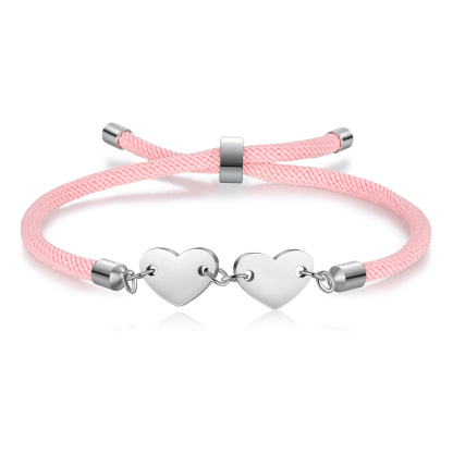 Personalisierte 2 Buchstaben Herz Armband mit Baumwollseil in Schwarz & Weiß & Rosa