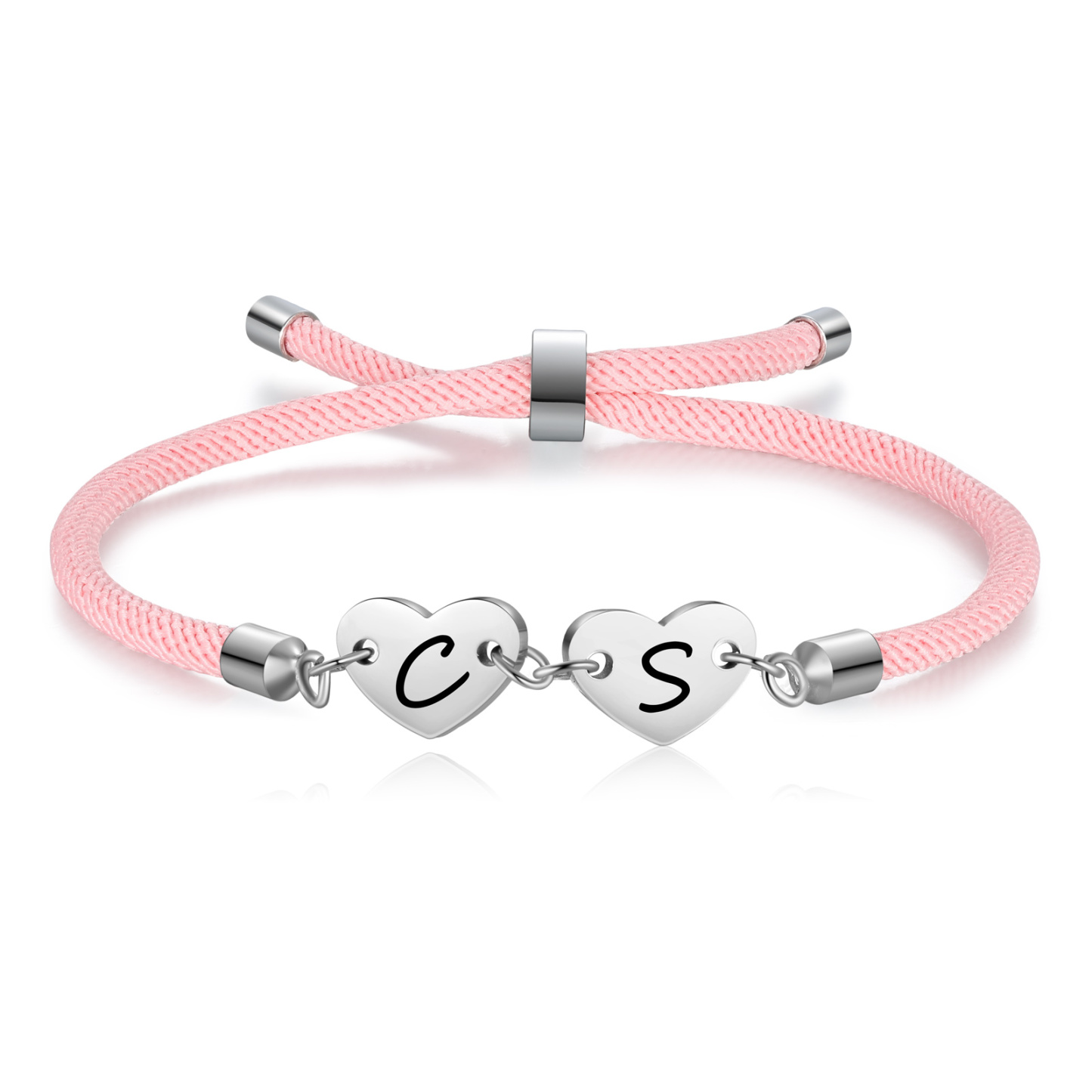 Personalisierte 2 Buchstaben Herz Armband mit Baumwollseil in Schwarz & Weiß & Rosa
