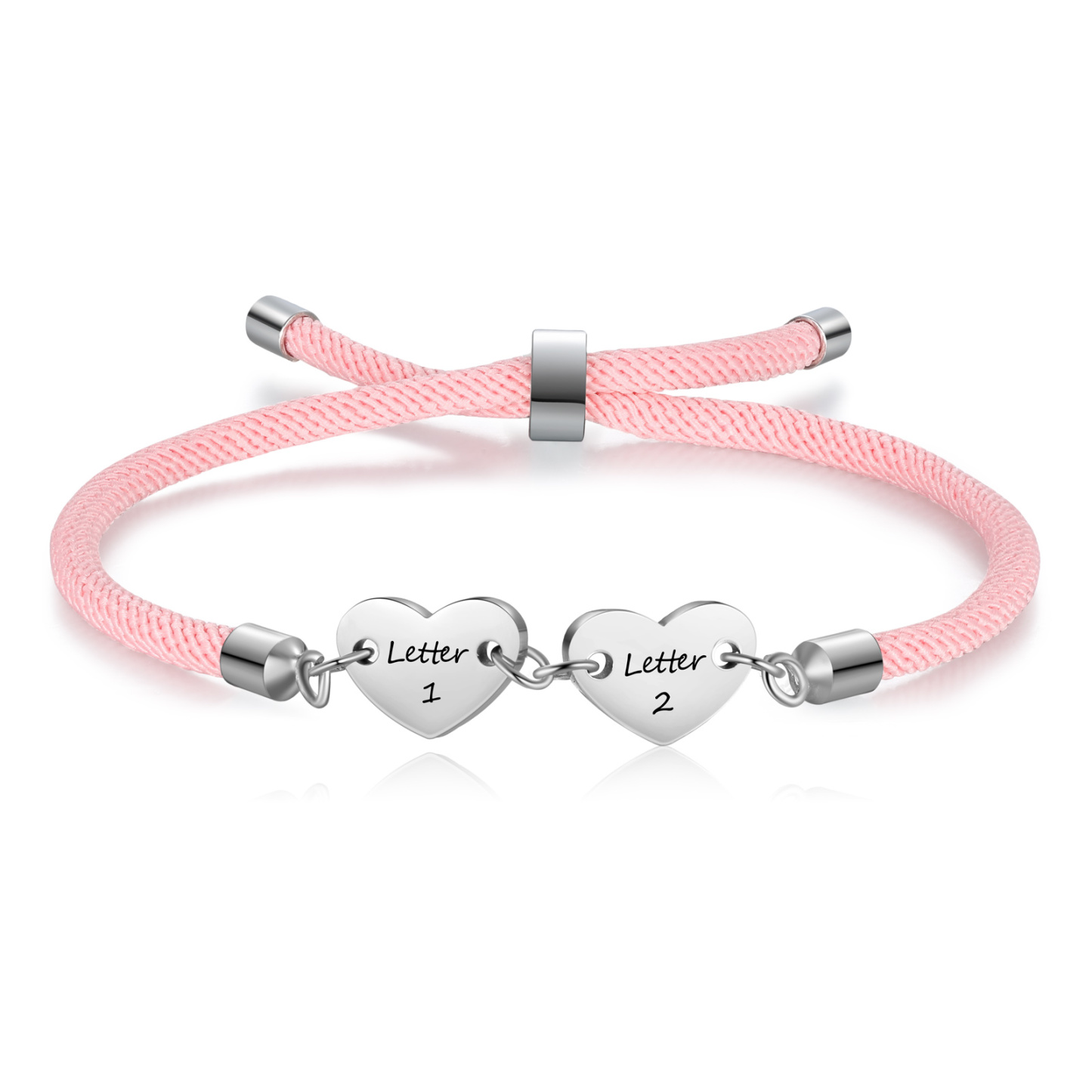 Personalisierte 2 Buchstaben Herz Armband mit Baumwollseil in Schwarz & Weiß & Rosa