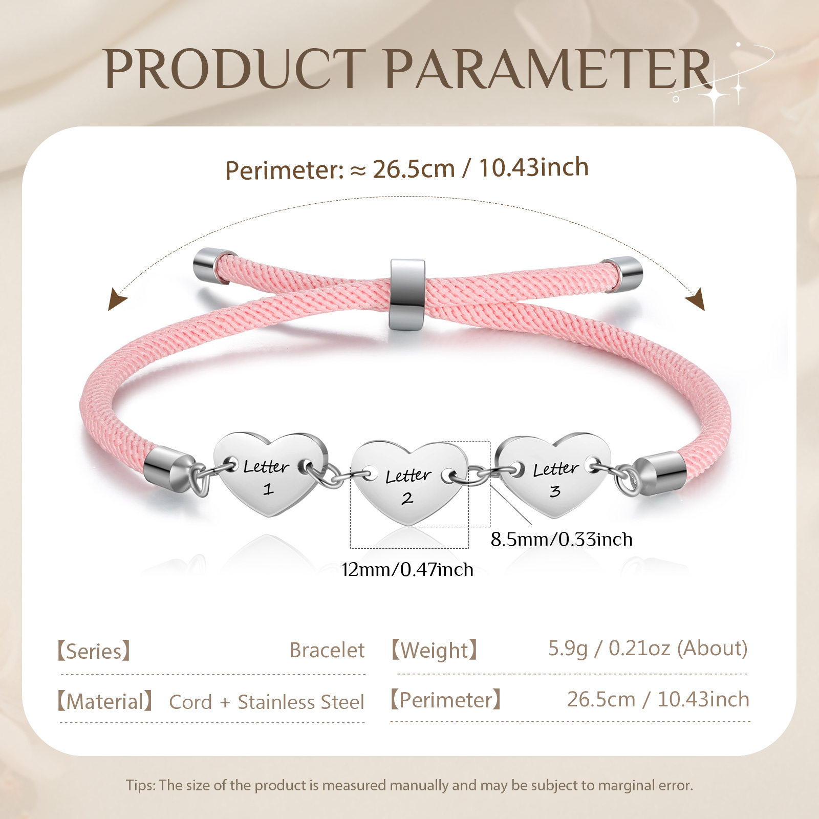 Personalisierte 3 Buchstaben Herz Armband mit Baumwollseil in Schwarz & Weiß & Rosa