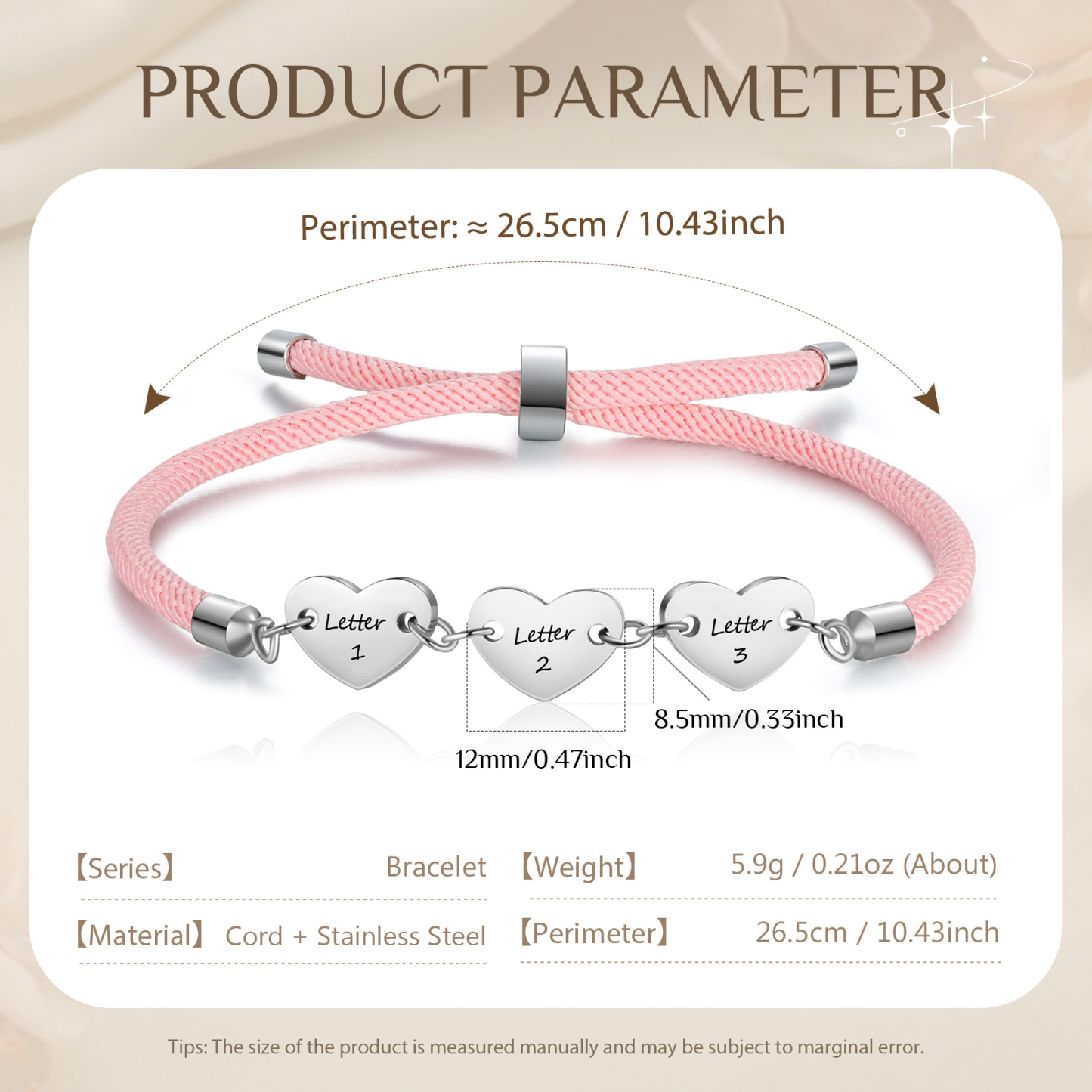 Personalisierte 3 Buchstaben Herz Armband mit Baumwollseil in Schwarz & Weiß & Rosa