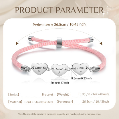 Personalisierte 3 Buchstaben Herz Armband mit Baumwollseil in Schwarz & Weiß & Rosa