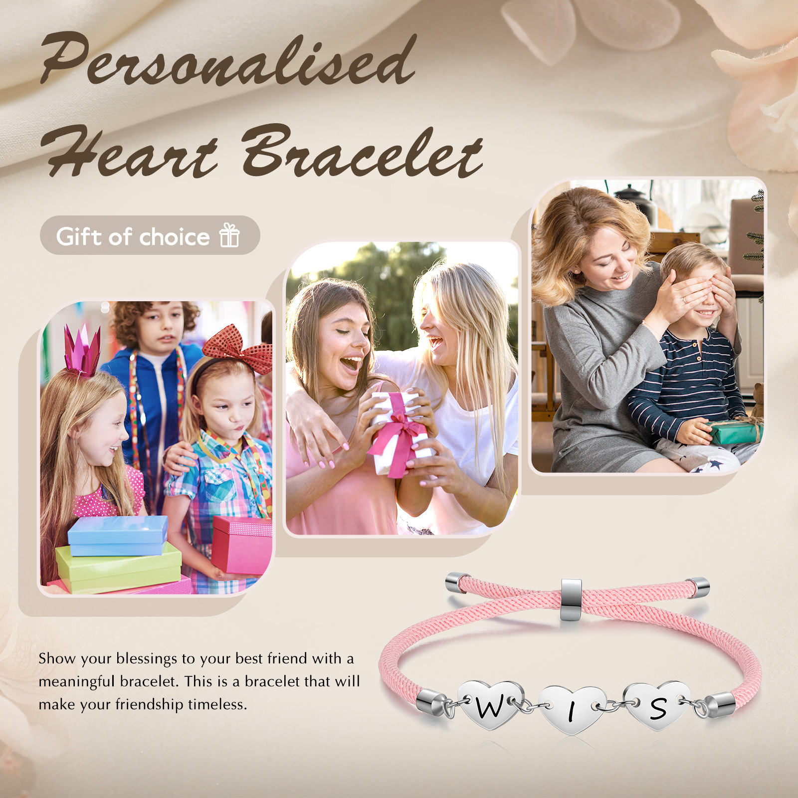 Personalisierte 3 Buchstaben Herz Armband mit Baumwollseil in Schwarz & Weiß & Rosa