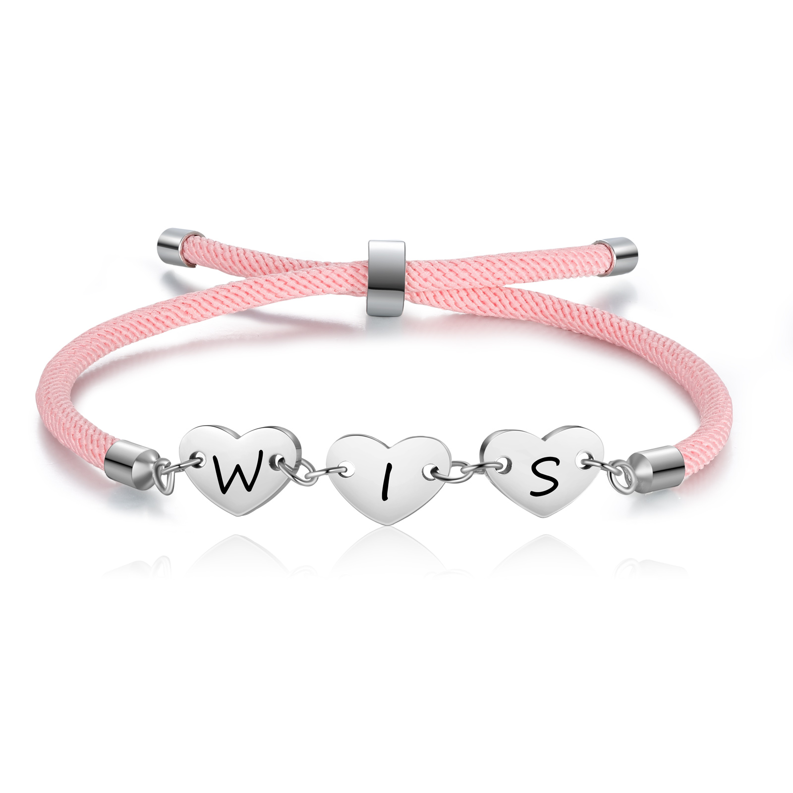 Personalisierte 3 Buchstaben Herz Armband mit Baumwollseil in Schwarz & Weiß & Rosa