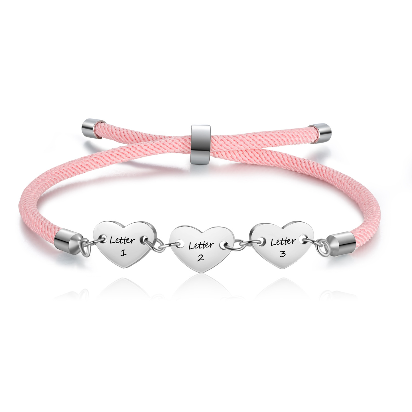 Personalisierte 3 Buchstaben Herz Armband mit Baumwollseil in Schwarz & Weiß & Rosa