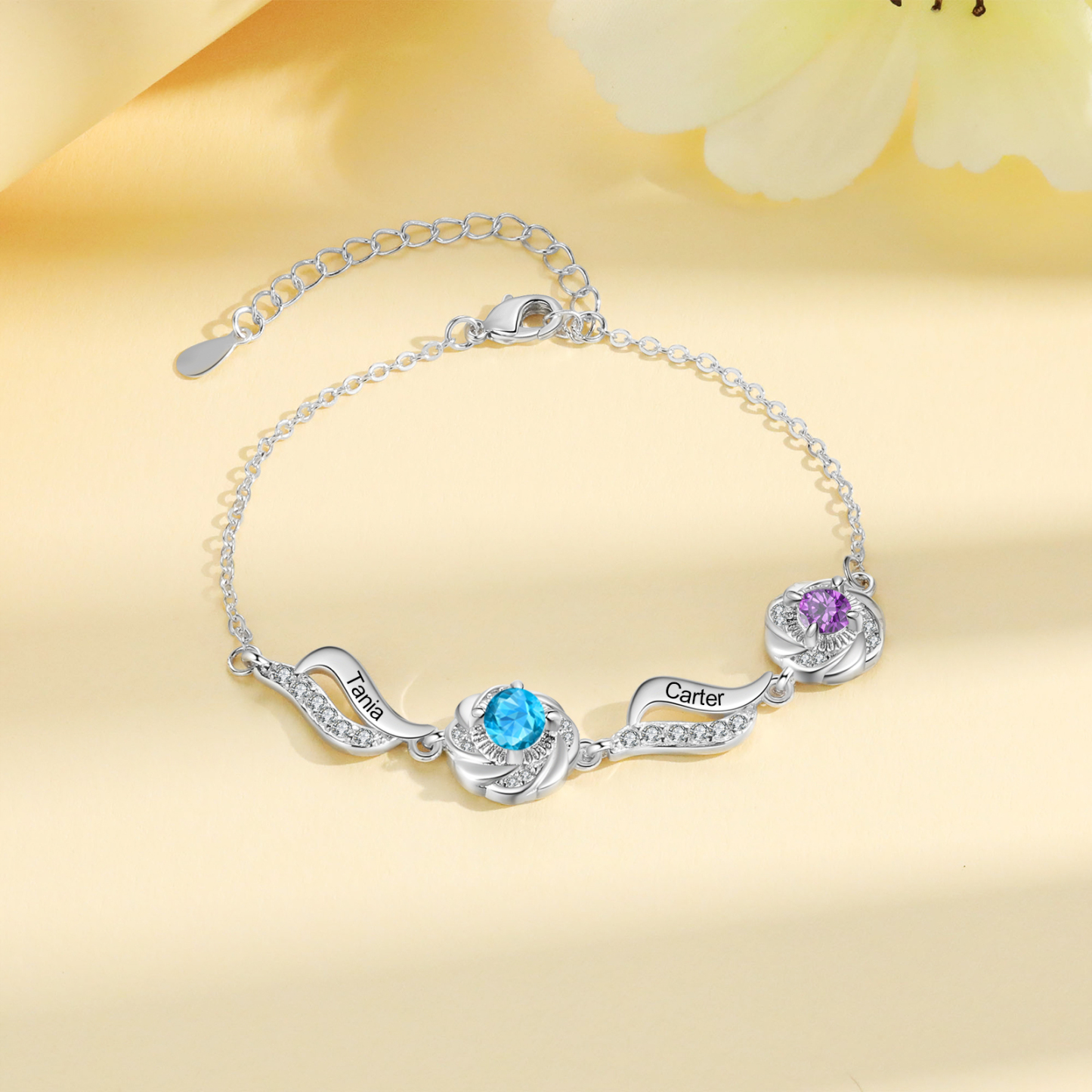 Personalisierte 2- 4 Namen Zirkonia Armband mit 2-4 Geburtssteinen – Einzigartiges Geschenk