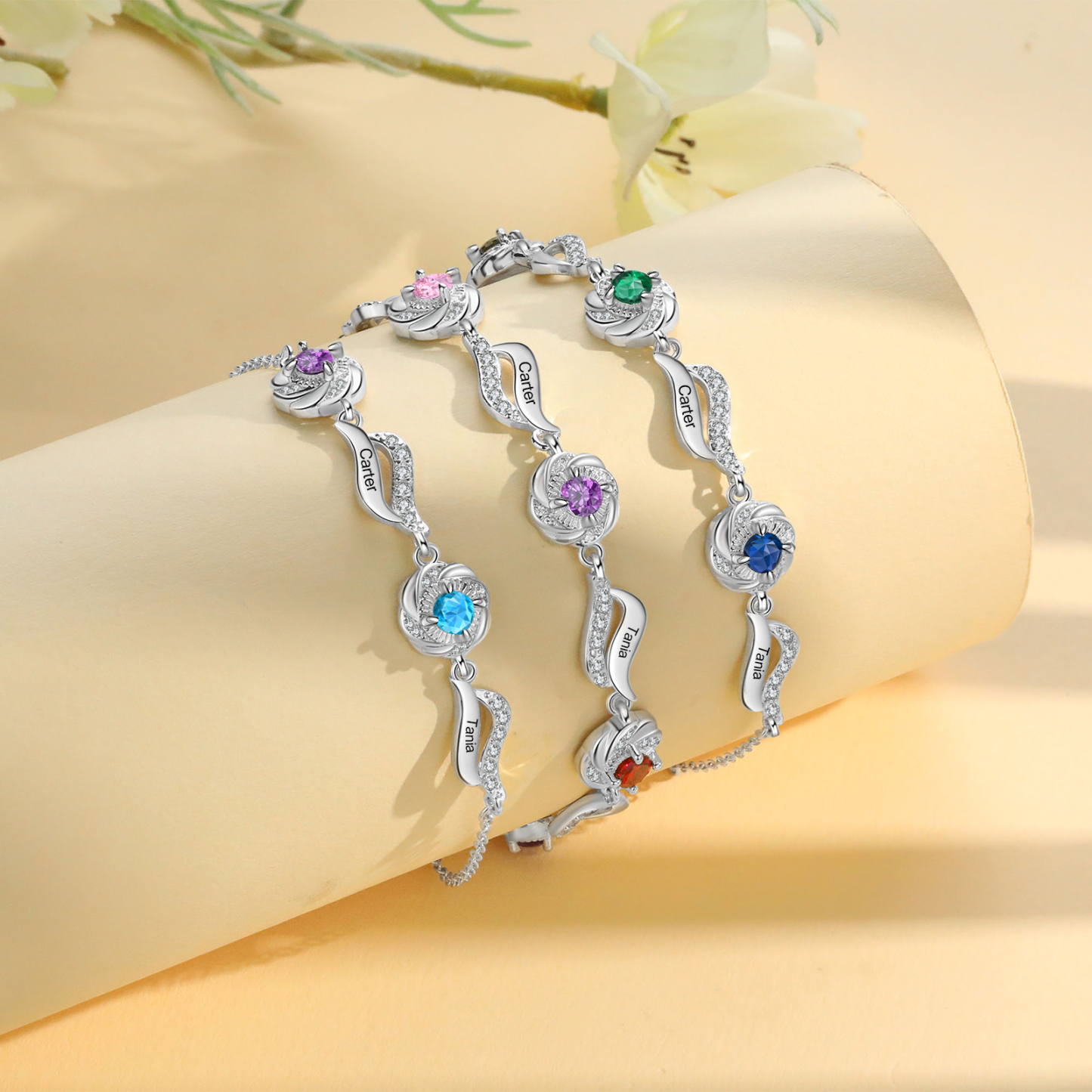 Personalisierte 2- 4 Namen Zirkonia Armband mit 2-4 Geburtssteinen – Einzigartiges Geschenk