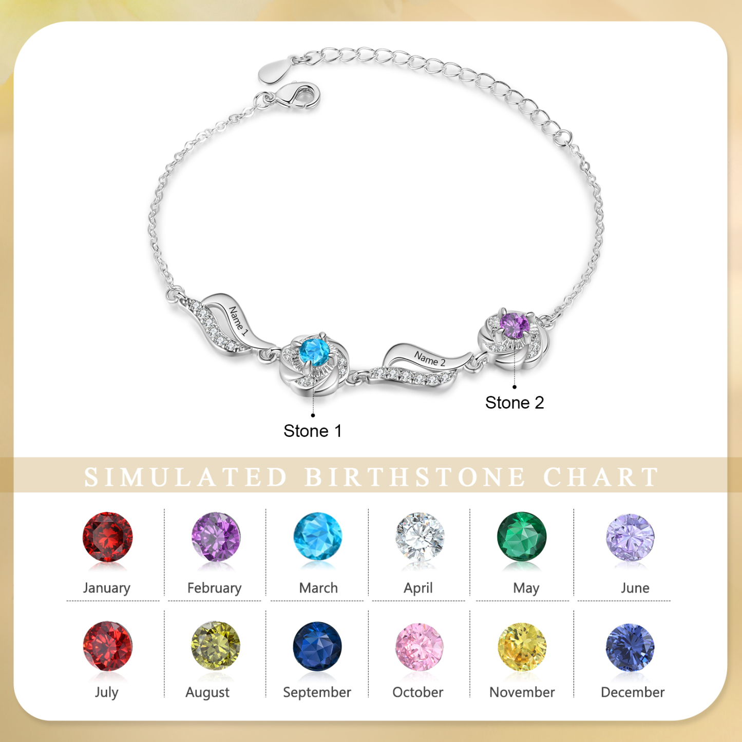 Personalisierte 2- 4 Namen Zirkonia Armband mit 2-4 Geburtssteinen – Einzigartiges Geschenk