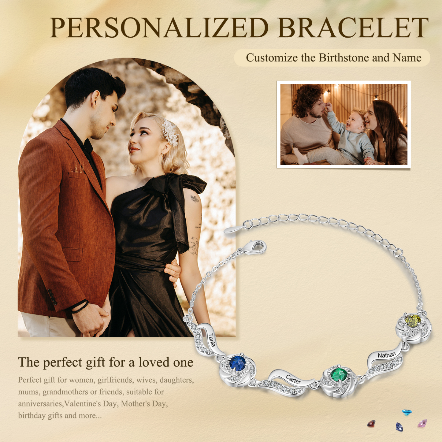 Personalisierte 2- 4 Namen Zirkonia Armband mit 2-4 Geburtssteinen – Einzigartiges Geschenk