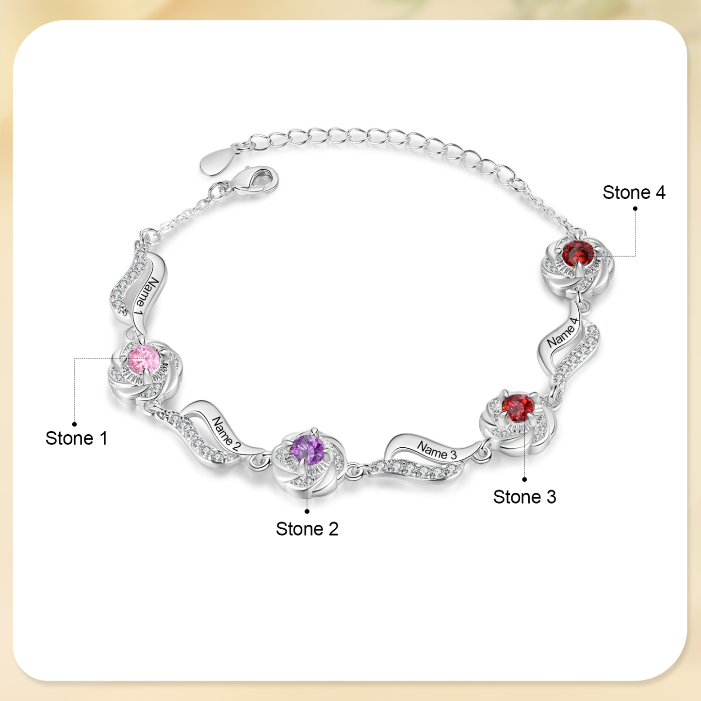 Personalisierte 2- 4 Namen Zirkonia Armband mit 2-4 Geburtssteinen – Einzigartiges Geschenk
