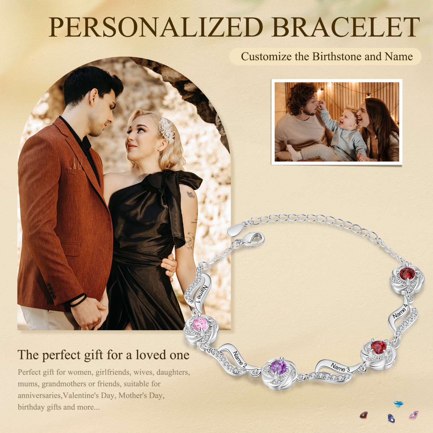 Personalisierte 2- 4 Namen Zirkonia Armband mit 2-4 Geburtssteinen – Einzigartiges Geschenk
