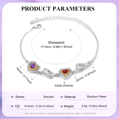 Personalisierte 2- 4 Namen & 2-4 Geburtssteinen Herz Armband mit Zirkonia