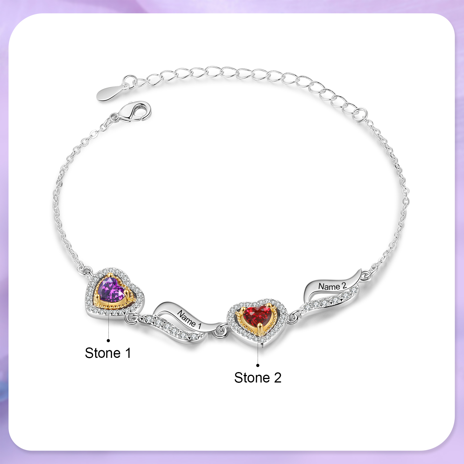 Personalisierte 2- 4 Namen & 2-4 Geburtssteinen Herz Armband mit Zirkonia