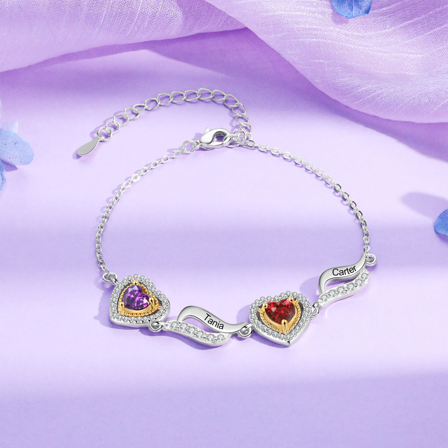 Personalisierte 2- 4 Namen & 2-4 Geburtssteinen Herz Armband mit Zirkonia